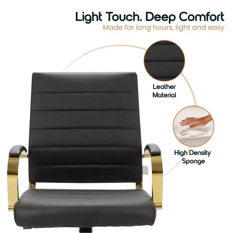 Leather Office Chair with Gold Accents, Adjustable Height and Swivel Base, Ergonomic Design for Home Office