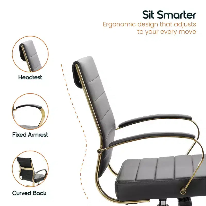 Leather Office Chair with Gold Accents, Adjustable Height and Swivel Base, Ergonomic Design for Home Office