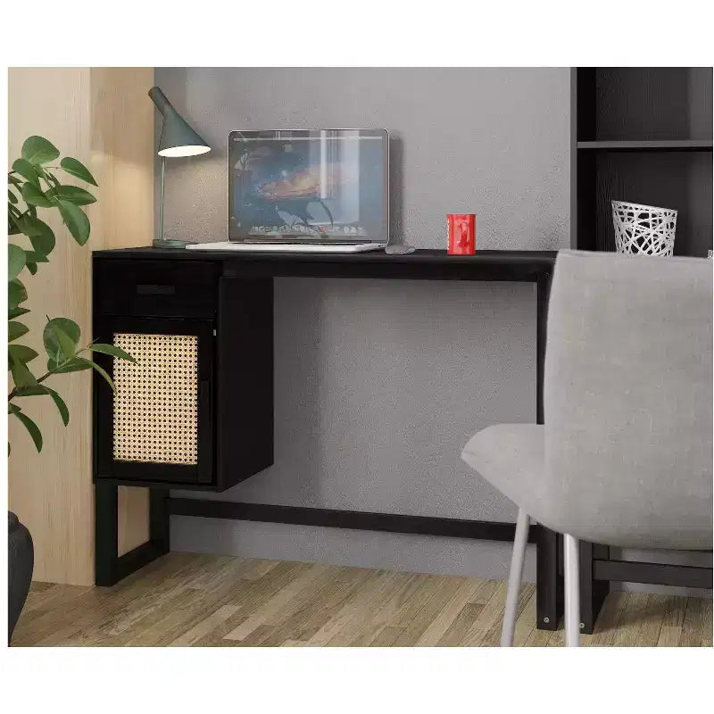 Country Style Desk with Closed Storage and Drawer, Rattan Door Fronts