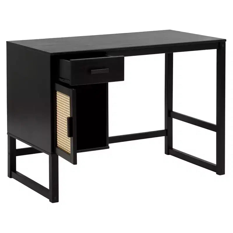 Country Style Desk with Closed Storage and Drawer, Rattan Door Fronts