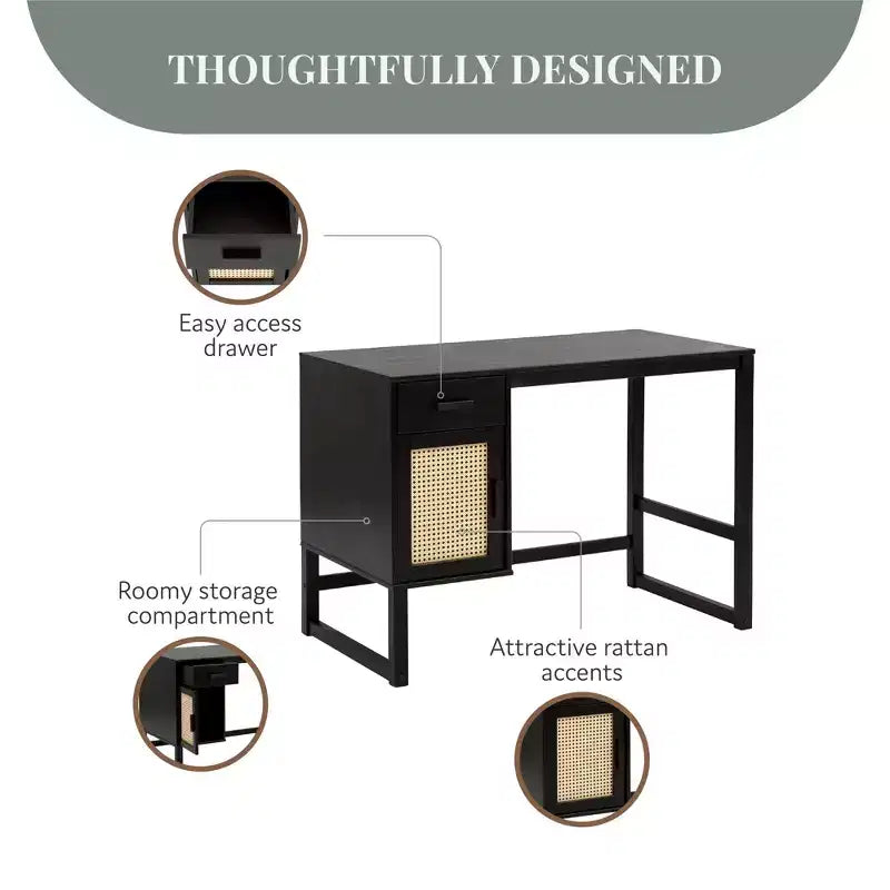 Country Style Desk with Closed Storage and Drawer, Rattan Door Fronts