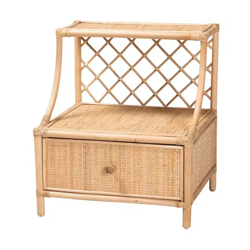 Modern Bohemian Natural Brown Rattan 1-Drawer Nightstand with Shelf
