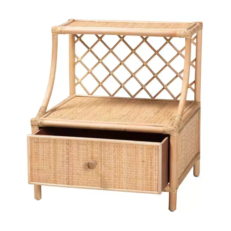 Modern Bohemian Natural Brown Rattan 1-Drawer Nightstand with Shelf