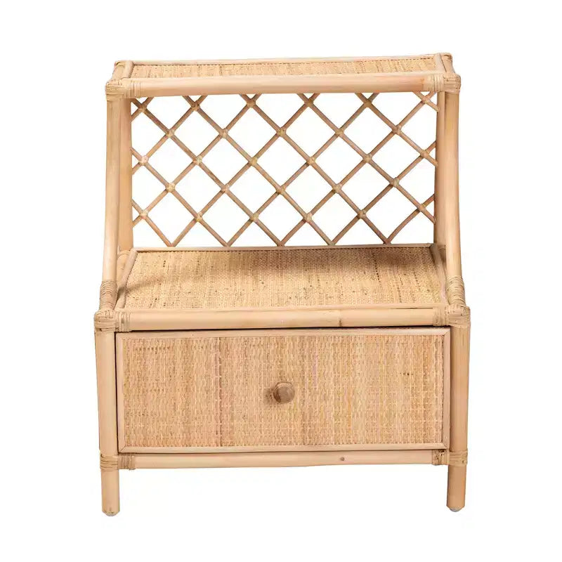 Modern Bohemian Natural Brown Rattan 1-Drawer Nightstand with Shelf