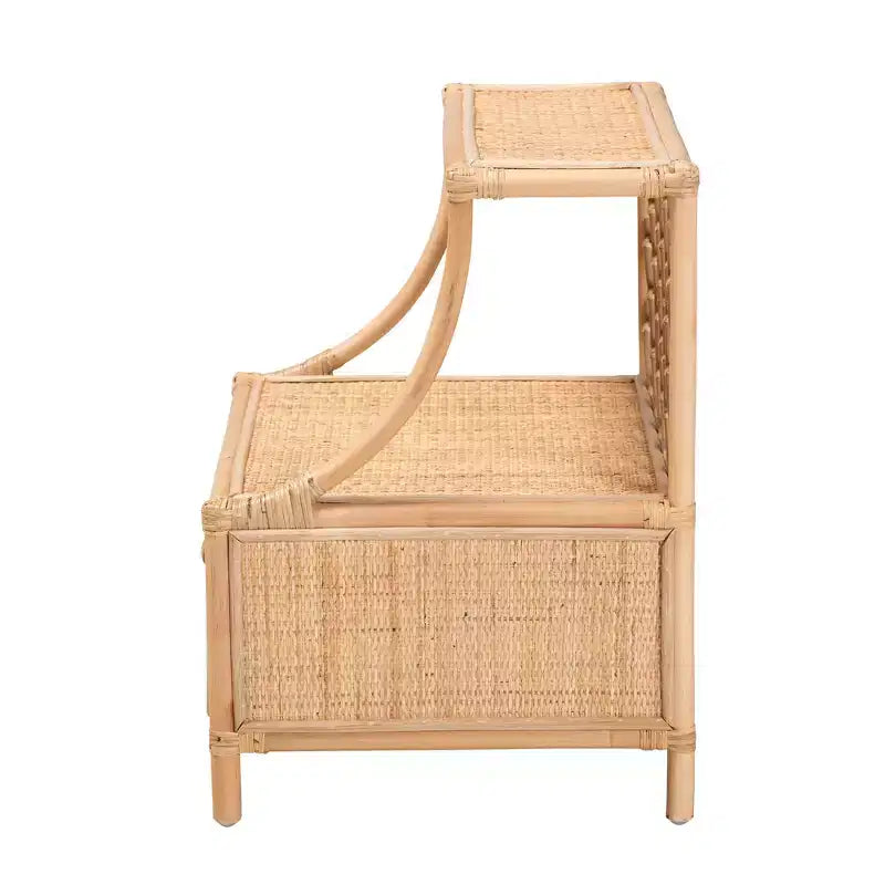 Modern Bohemian Natural Brown Rattan 1-Drawer Nightstand with Shelf