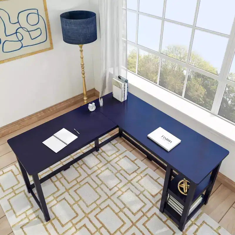 Solid Wood L-Shaped Corner Desk with Storage Shelves for Home Office, Gaming, Computer