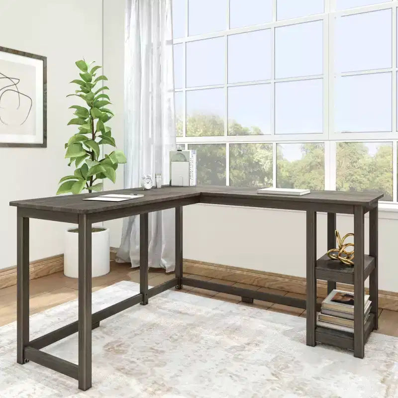 Solid Wood L-Shaped Corner Desk with Storage Shelves for Home Office, Gaming, Computer