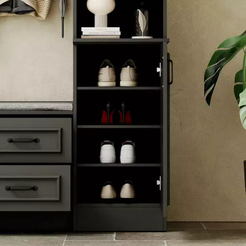 Black 6-Door Wardrobe Closet Hall Tree with Bench, Hanging Rods and Hooks