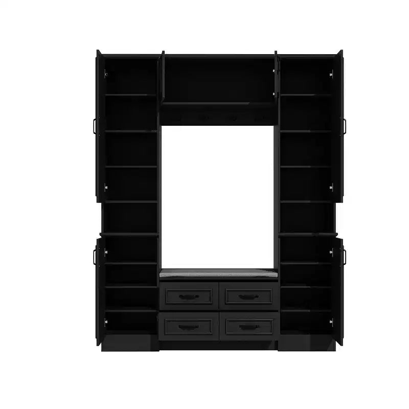 Black 6-Door Wardrobe Closet Hall Tree with Bench, Hanging Rods and Hooks