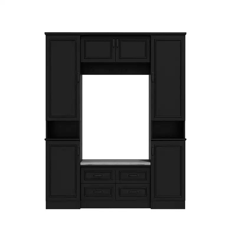 Black 6-Door Wardrobe Closet Hall Tree with Bench, Hanging Rods and Hooks
