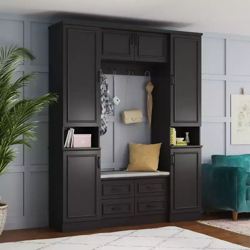 Black 6-Door Wardrobe Closet Hall Tree with Bench, Hanging Rods and Hooks