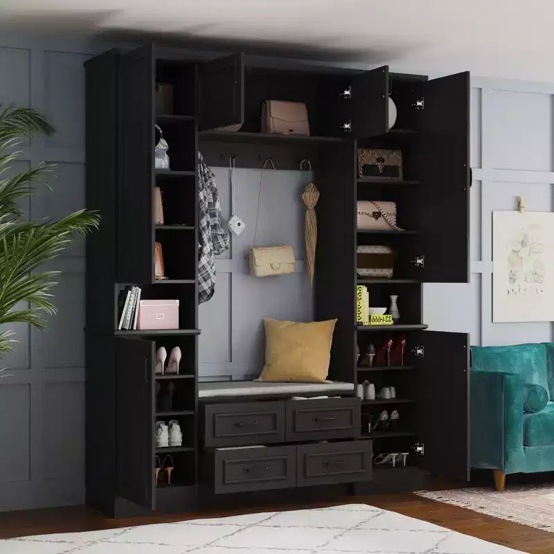 Black 6-Door Wardrobe Closet Hall Tree with Bench, Hanging Rods and Hooks
