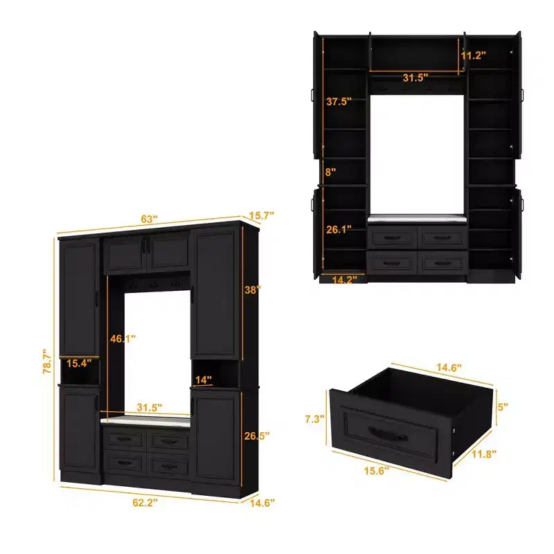 Black 6-Door Wardrobe Closet Hall Tree with Bench, Hanging Rods and Hooks