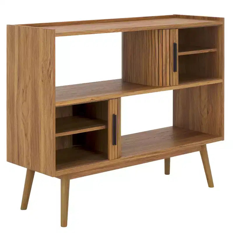 Tambour Door Media Stand, Deep Walnut Finish with Tapered Legs
