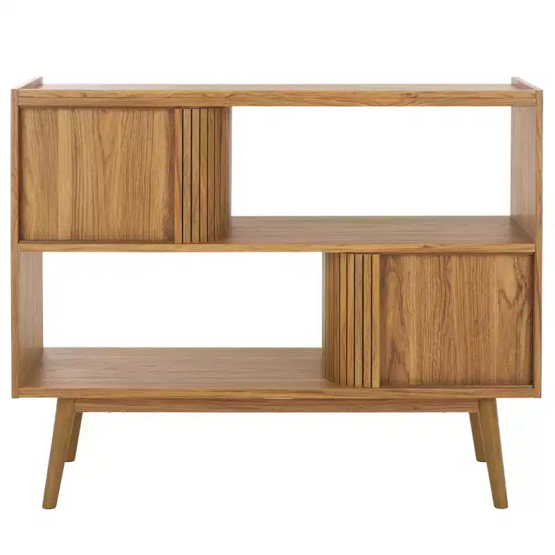 Tambour Door Media Stand, Deep Walnut Finish with Tapered Legs