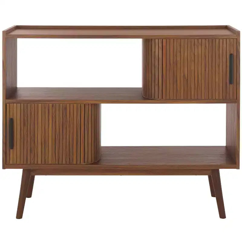 Tambour Door Media Stand, Deep Walnut Finish with Tapered Legs