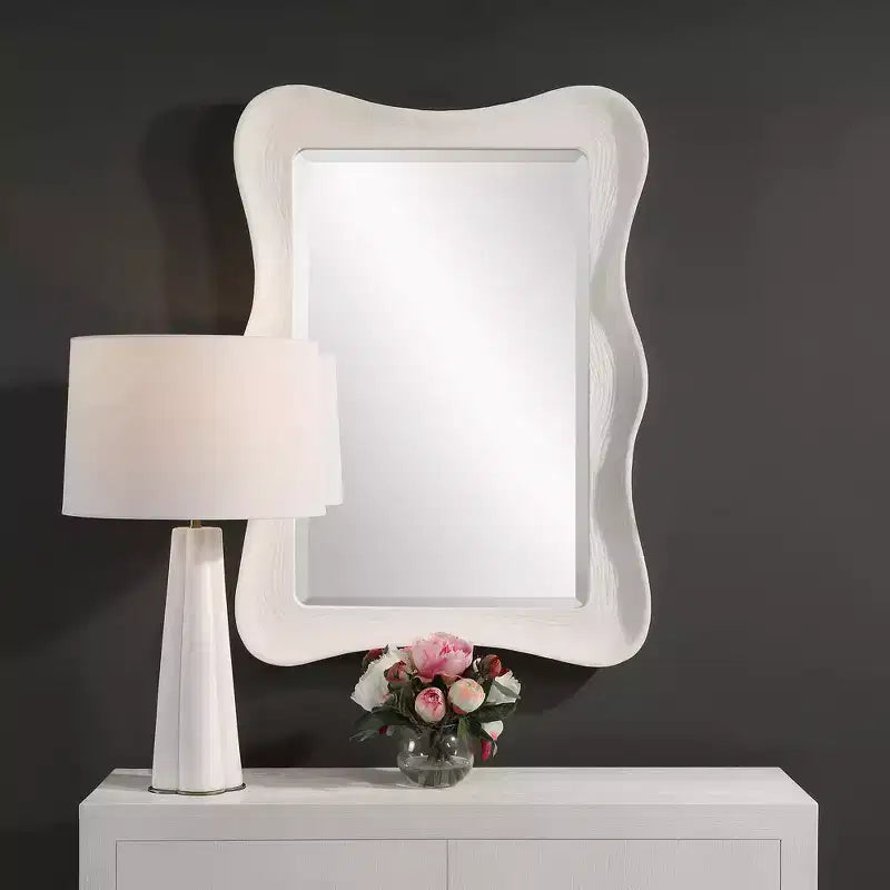 Wavy Rectangle Wall Mirror, Matte White Organic Frame, 35.6"H x 25.5"W