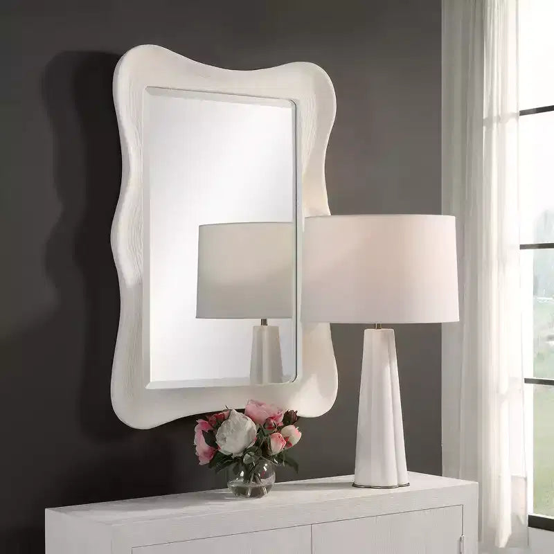 Wavy Rectangle Wall Mirror, Matte White Organic Frame, 35.6"H x 25.5"W