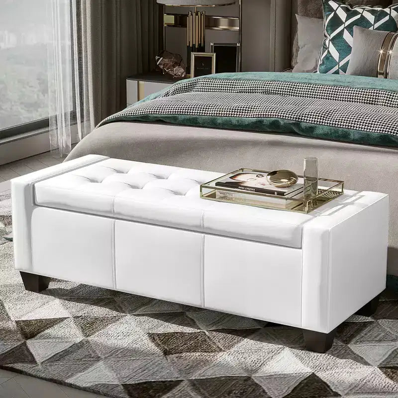 51" Faux Leather Rectangular Tufted Storage Ottoman, 330 lbs Capacity