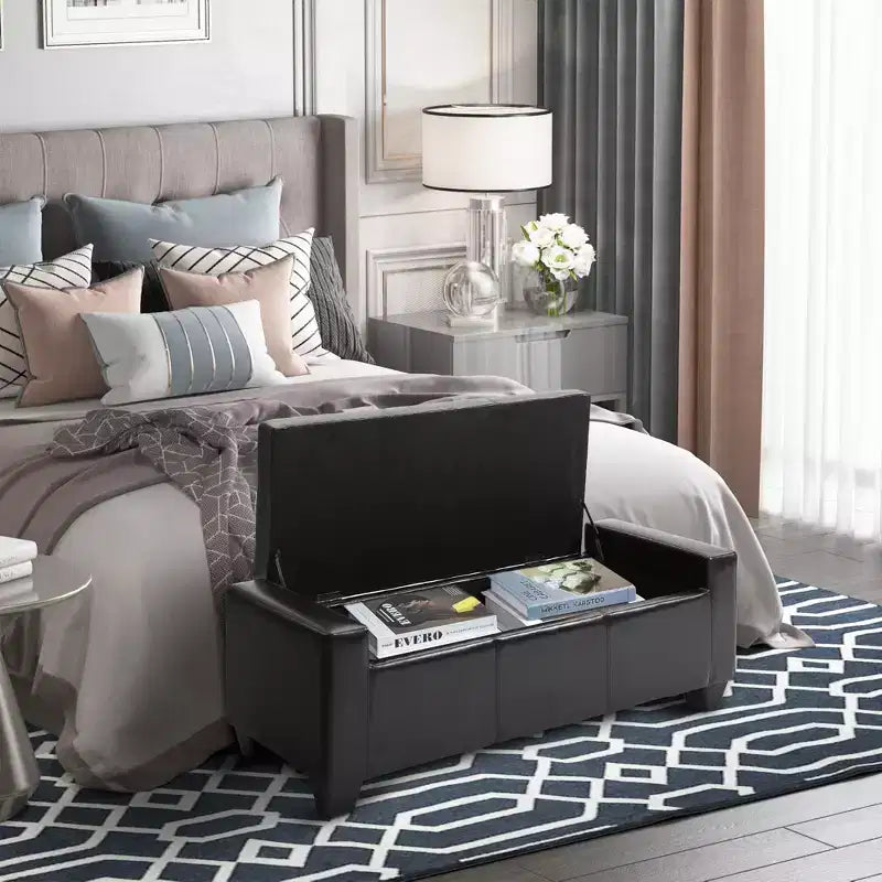51" Faux Leather Rectangular Tufted Storage Ottoman, 330 lbs Capacity