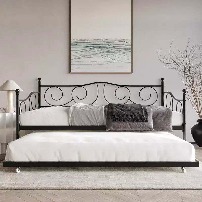 Metal Daybed with Trundle, Contemporary Design with Finial Detailing