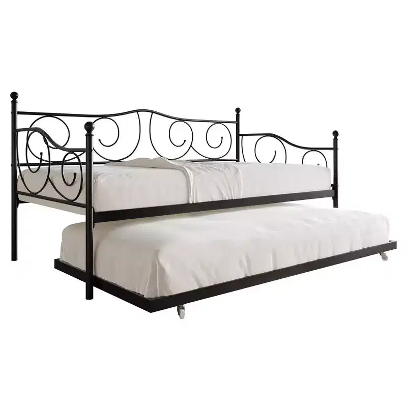 Metal Daybed with Trundle, Contemporary Design with Finial Detailing
