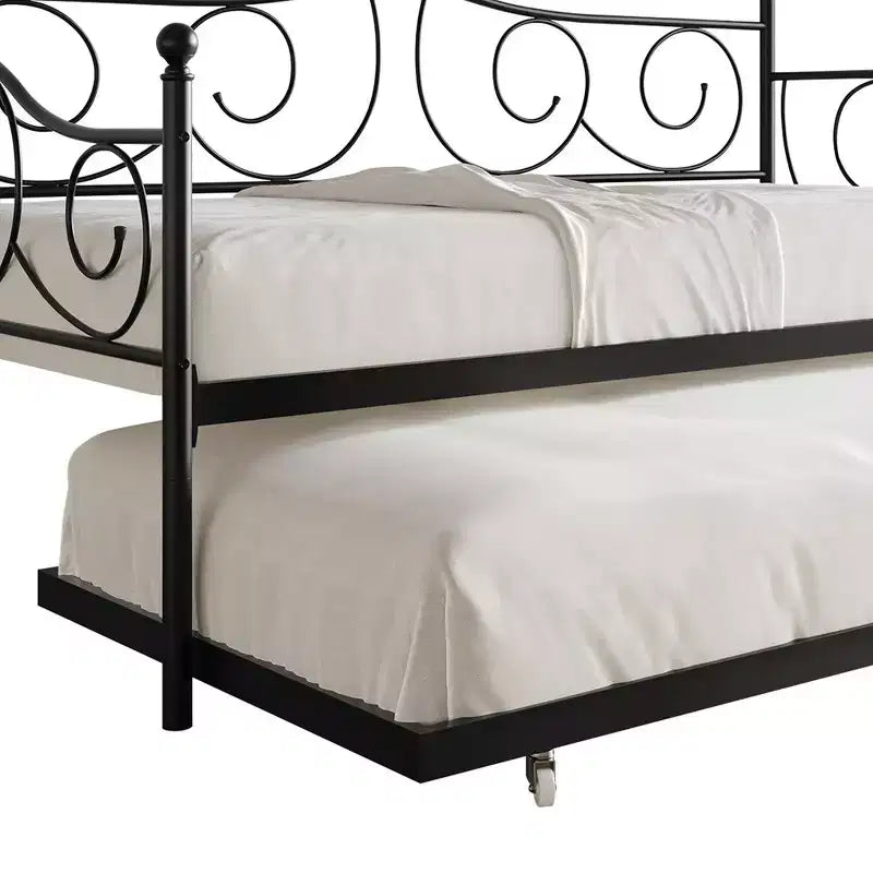 Metal Daybed with Trundle, Contemporary Design with Finial Detailing