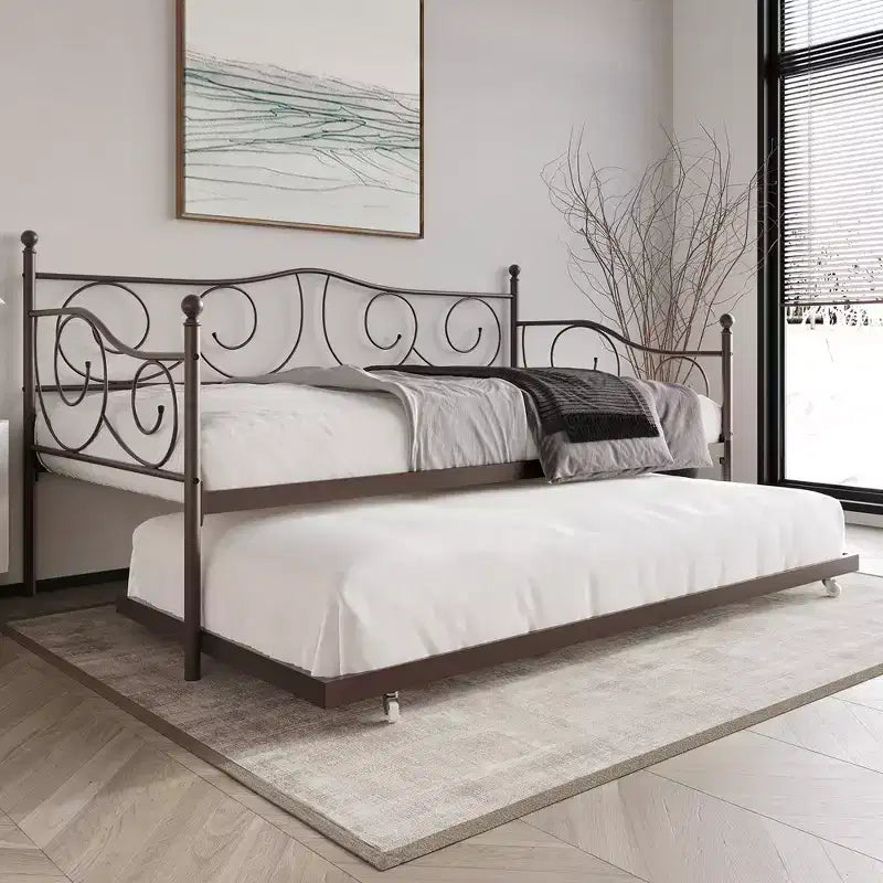 Metal Daybed with Trundle, Contemporary Design with Finial Detailing