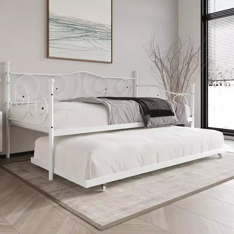 Metal Daybed with Trundle, Contemporary Design with Finial Detailing