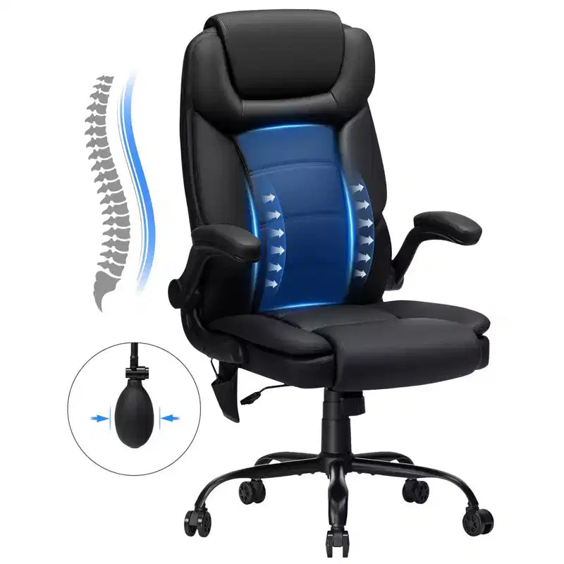 Leather Reclining Office Chair, Ergonomic Swivel with Inflatable Lumbar Support and Adjustable Armrest