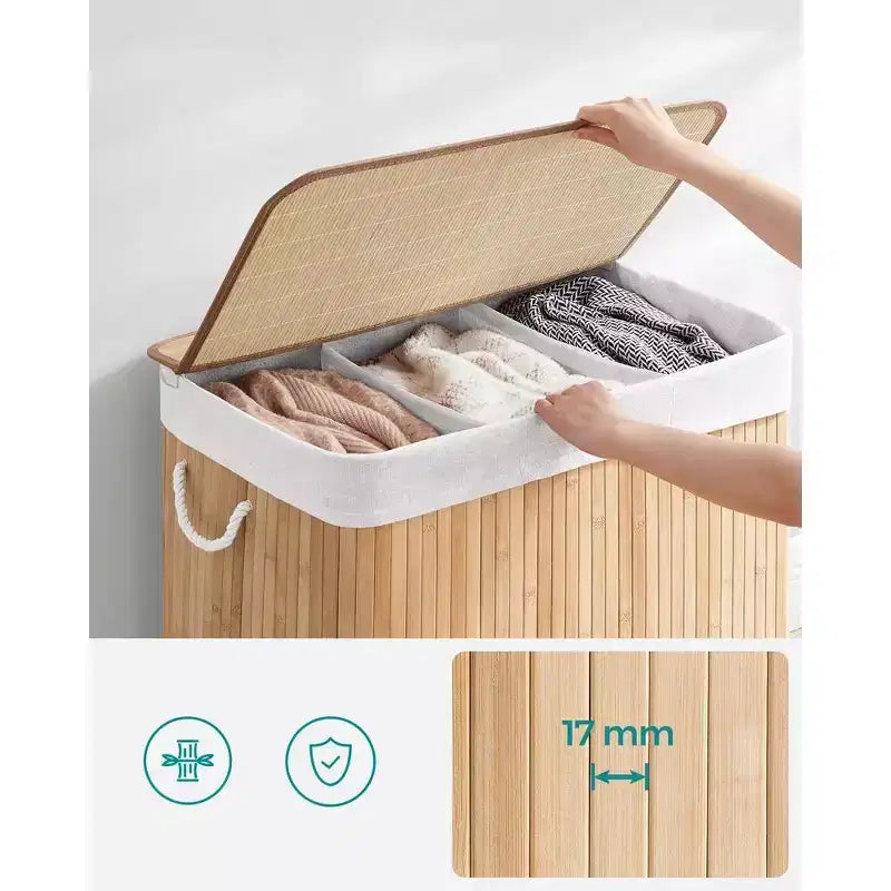 39.6 Gal (150L) 3-Section Laundry Hamper with Lid, Bamboo, Foldable