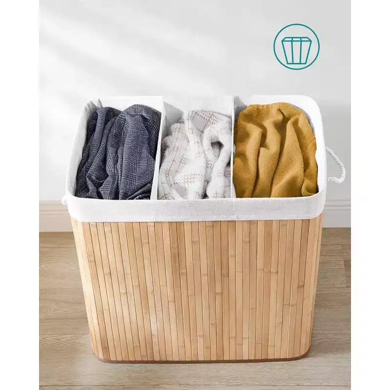 39.6 Gal (150L) 3-Section Laundry Hamper with Lid, Bamboo, Foldable