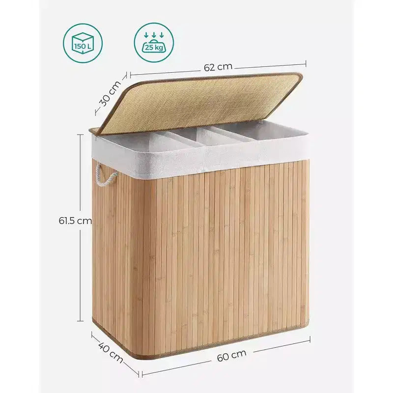 39.6 Gal (150L) 3-Section Laundry Hamper with Lid, Bamboo, Foldable