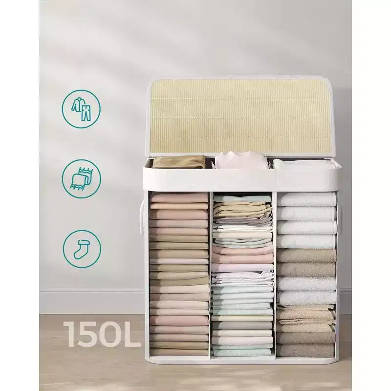39.6 Gal (150L) 3-Section Laundry Hamper with Lid, Bamboo, Foldable