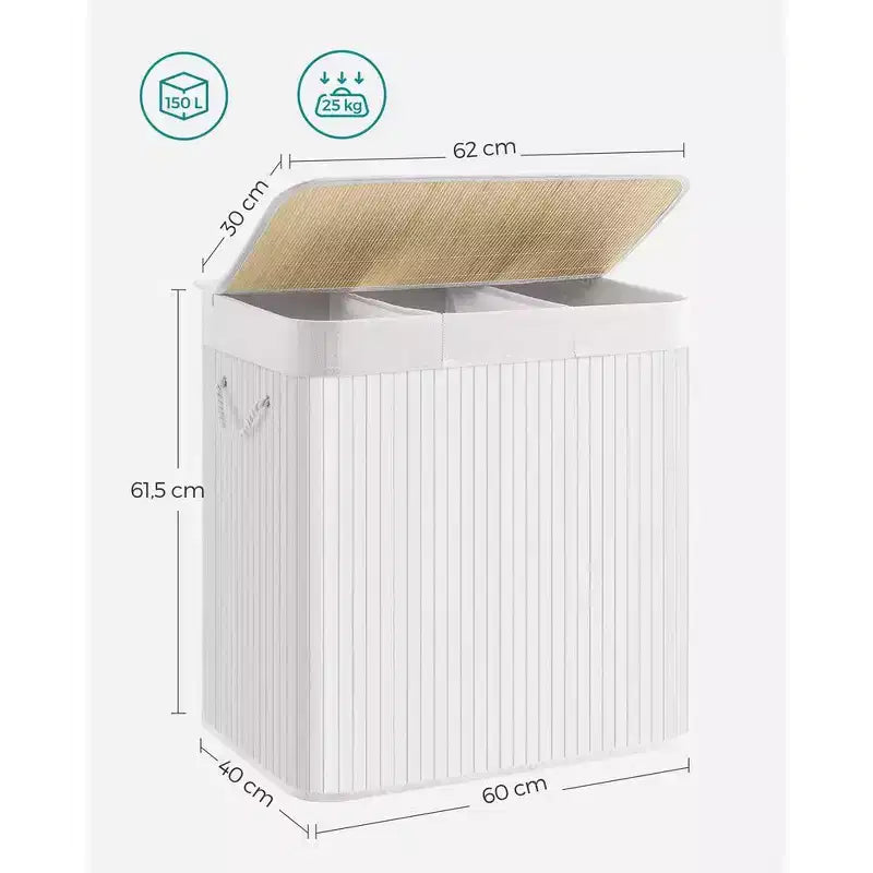 39.6 Gal (150L) 3-Section Laundry Hamper with Lid, Bamboo, Foldable