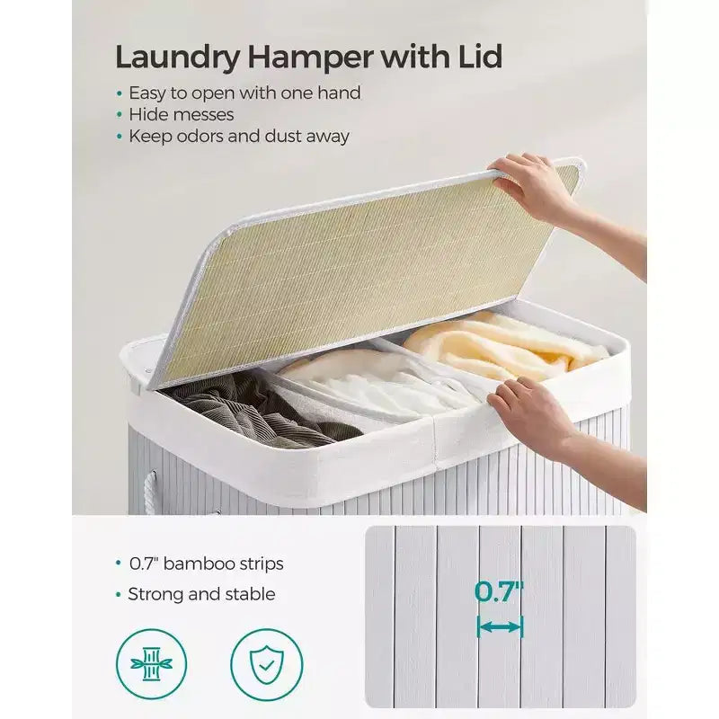 39.6 Gal (150L) 3-Section Laundry Hamper with Lid, Bamboo, Foldable