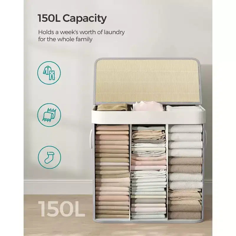 39.6 Gal (150L) 3-Section Laundry Hamper with Lid, Bamboo, Foldable