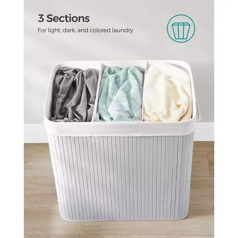 39.6 Gal (150L) 3-Section Laundry Hamper with Lid, Bamboo, Foldable