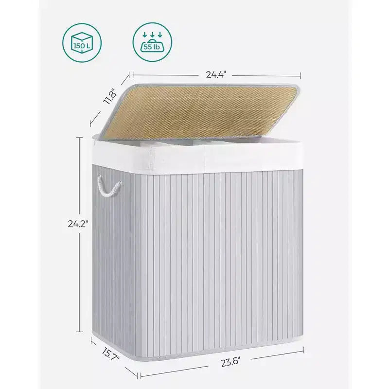39.6 Gal (150L) 3-Section Laundry Hamper with Lid, Bamboo, Foldable