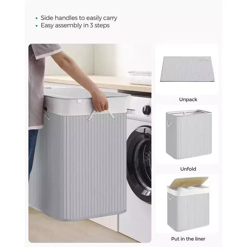 39.6 Gal (150L) 3-Section Laundry Hamper with Lid, Bamboo, Foldable